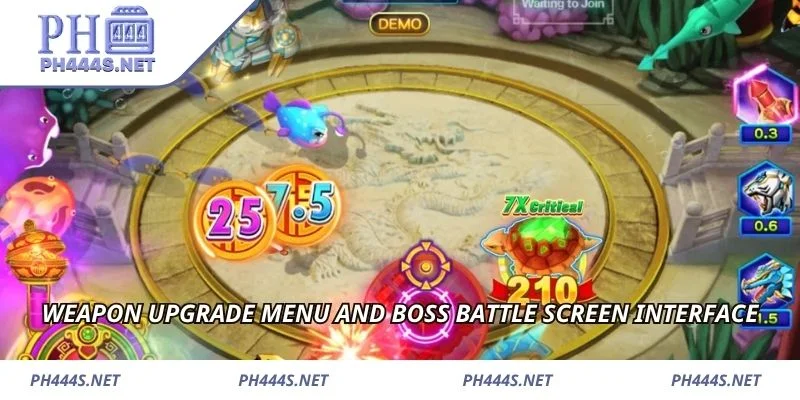 Weapon upgrade menu and boss battle screen interface