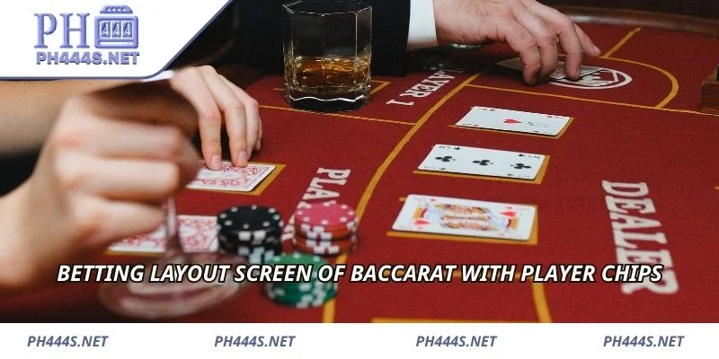 Betting layout screen of baccarat with player chips