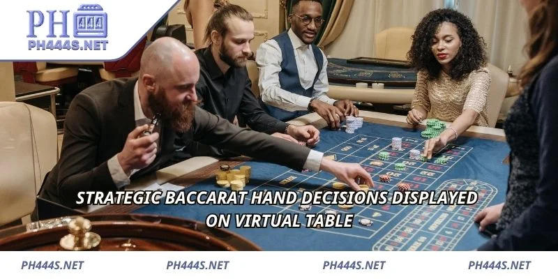 Strategic baccarat hand decisions displayed on virtual table