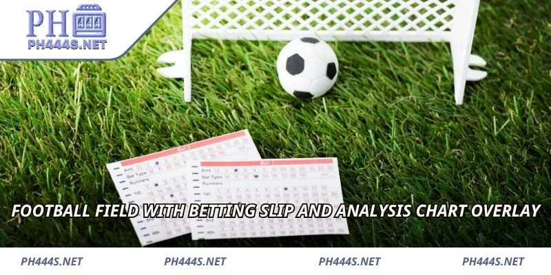 Football field with betting slip and analysis chart overlay