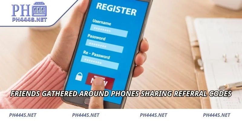 Friends gathered around phones sharing referral codes